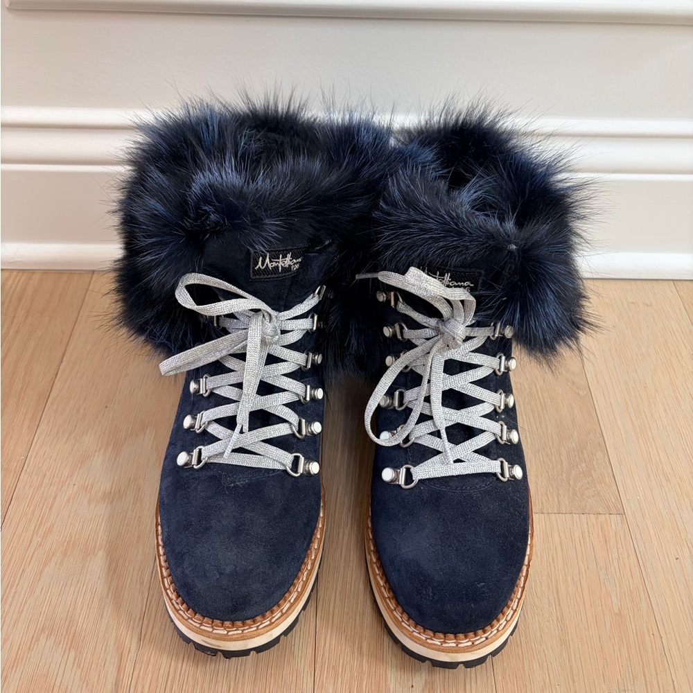 Montelliana Women's Navy Blue Fur-Trimmed Suede Hiking Boots Size IT 40 / US 10